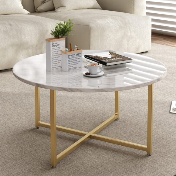 NNEDSZ White Marble Effect Round Coffee Table with Gold Legs