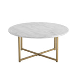 NNEDSZ White Marble Effect Round Coffee Table with Gold Legs