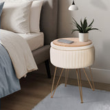 Side Table Storage Ottoman - Velvet Padded Stool Vanity Footstool REMY CREAM BEIGE