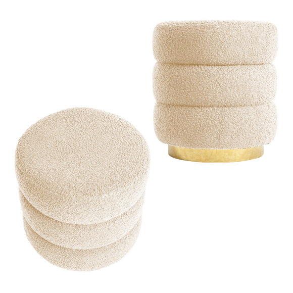 NNEDSZ 2X Round Stacked Ottoman Stool Teddy Fleece Fabric Foot Rest 38cm BEIGE