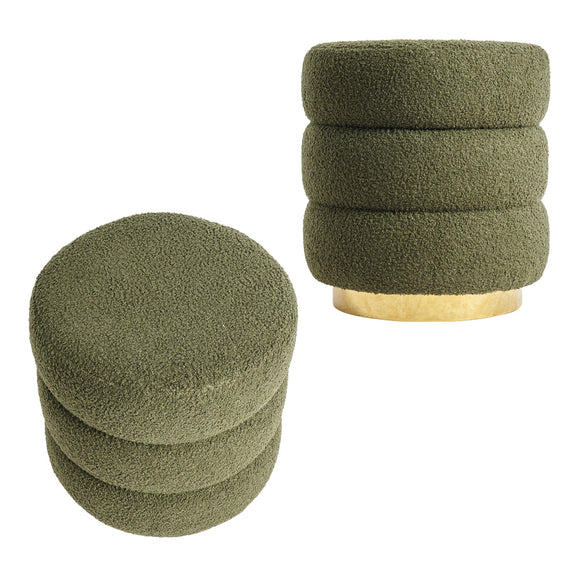 NNEDSZ 2X Round Stacked Ottoman Stool Teddy Fleece Fabric Foot Rest 38cm GREEN