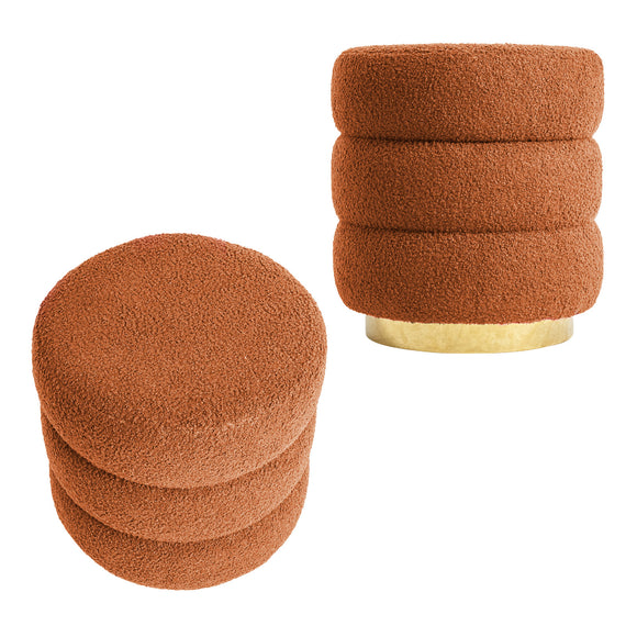 NNEDSZ 2X Round Stacked Ottoman Stool Teddy Fleece Fabric Foot Rest 38cm ORANGE