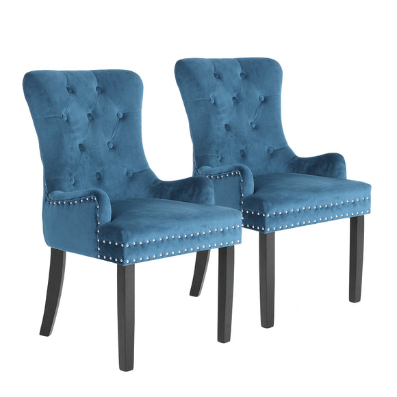NNEDSZ 2X French Provincial Dining Chair Ring Studded Velvet Rubberwood Leg LISSE NAVY BLUE