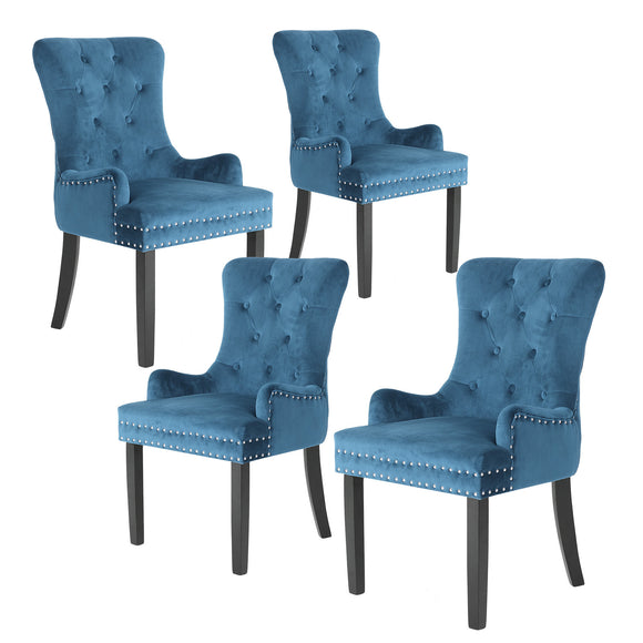 NNEDSZ 4X French Provincial Dining Chair Ring Studded Velvet Rubberwood Leg LISSE NAVY BLUE