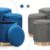 3 Piece Set Storage Ottoman - Blanket Box Velvet Padded Bench Stool FAYE BLUE