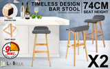 NNEDSZ 2X Wooden Bar Stool Dining Chair Fabric SOPHIA 74cm GREY