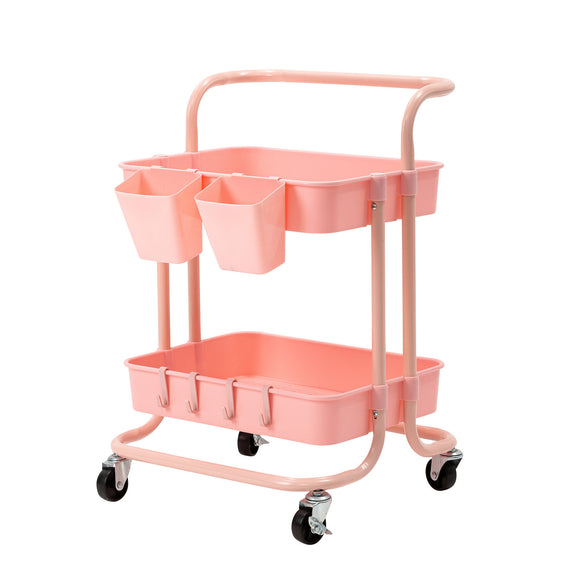 NNEDSZ Trolley Cart Storage Utility Rack Shelf Organiser Swivel Kitchen 2 Tier PINK