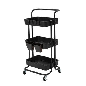 NNEDSZ Trolley Cart Storage Utility Rack Shelf Organiser Swivel Kitchen 3 Tier BLACK