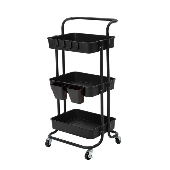 NNEDSZ Trolley Cart Storage Utility Rack Shelf Organiser Swivel Kitchen 3 Tier BLACK