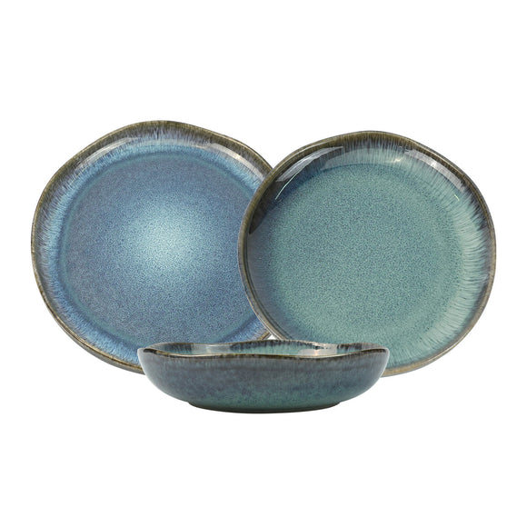 NNEDSZ 3 Pieces Reactive Glazed Ceramic Organic Fine Dinner Set with Plate and Bowl EARTHY AQUA
