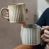 NNEDSZ High-Fired Ceramic Stoneware Ribbed Stripe Mug 460ml Matt EARTHY GREY