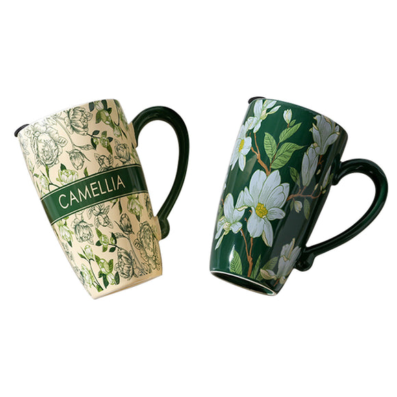NNEDSZ 2X High-Fired Ceramic Porcelain Mug with Travel Lid 600ml Vintage Floral GREEN
