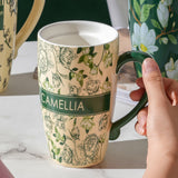NNEDSZ 2X High-Fired Ceramic Porcelain Mug with Travel Lid 600ml Vintage Floral GREEN