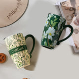 NNEDSZ 2X High-Fired Ceramic Porcelain Mug with Travel Lid 600ml Vintage Floral GREEN