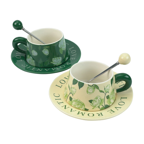 NNEDSZ 2X High-Fired Ceramic Porcelain Cup & Saucer Set 300ml Vintage Floral Tea Spoon GREEN
