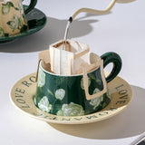 NNEDSZ 2X High-Fired Ceramic Porcelain Cup & Saucer Set 300ml Vintage Floral Tea Spoon GREEN