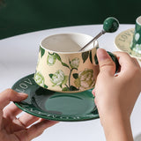 NNEDSZ 2X High-Fired Ceramic Porcelain Cup & Saucer Set 300ml Vintage Floral Tea Spoon GREEN