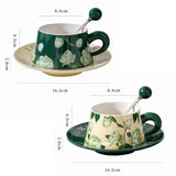 NNEDSZ 2X High-Fired Ceramic Porcelain Cup & Saucer Set 300ml Vintage Floral Tea Spoon GREEN