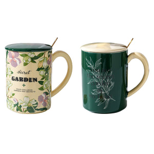 NNEDSZ 2X High-Fired Ceramic Porcelain Mug Set with Lid 400ml Vintage Floral Tea Spoon GREEN
