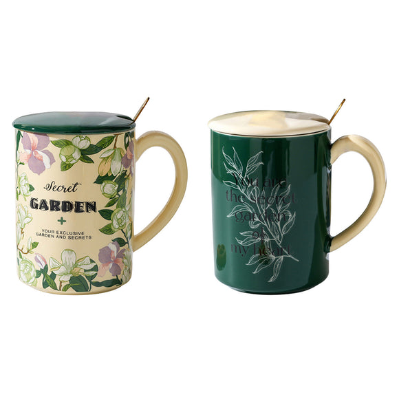 NNEDSZ 2X High-Fired Ceramic Porcelain Mug Set with Lid 400ml Vintage Floral Tea Spoon GREEN