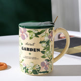 NNEDSZ 2X High-Fired Ceramic Porcelain Mug Set with Lid 400ml Vintage Floral Tea Spoon GREEN