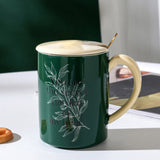 NNEDSZ 2X High-Fired Ceramic Porcelain Mug Set with Lid 400ml Vintage Floral Tea Spoon GREEN
