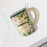 NNEDSZ 2X High-Fired Ceramic Porcelain Mug Set with Lid 400ml Vintage Floral Tea Spoon GREEN