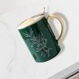 NNEDSZ 2X High-Fired Ceramic Porcelain Mug Set with Lid 400ml Vintage Floral Tea Spoon GREEN