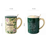 NNEDSZ 2X High-Fired Ceramic Porcelain Mug Set with Lid 400ml Vintage Floral Tea Spoon GREEN
