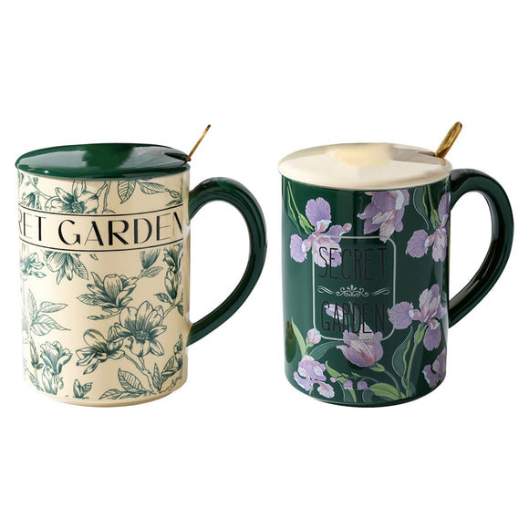 NNEDSZ 2X High-Fired Ceramic Porcelain Mug Set with Lid 400ml Vintage Floral Tea Spoon GREEN