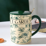 NNEDSZ 2X High-Fired Ceramic Porcelain Mug Set with Lid 400ml Vintage Floral Tea Spoon GREEN