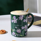 NNEDSZ 2X High-Fired Ceramic Porcelain Mug Set with Lid 400ml Vintage Floral Tea Spoon GREEN