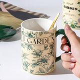 NNEDSZ 2X High-Fired Ceramic Porcelain Mug Set with Lid 400ml Vintage Floral Tea Spoon GREEN