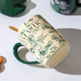 NNEDSZ 2X High-Fired Ceramic Porcelain Mug Set with Lid 400ml Vintage Floral Tea Spoon GREEN