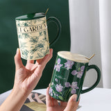 NNEDSZ 2X High-Fired Ceramic Porcelain Mug Set with Lid 400ml Vintage Floral Tea Spoon GREEN