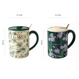 NNEDSZ 2X High-Fired Ceramic Porcelain Mug Set with Lid 400ml Vintage Floral Tea Spoon GREEN
