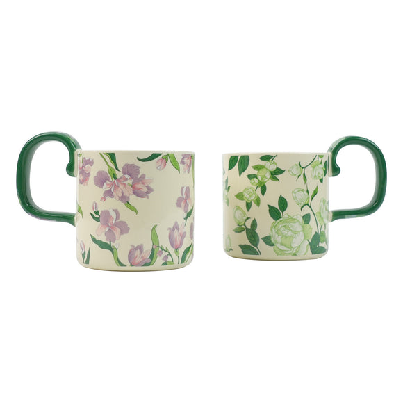 NNEDSZ 2X High-Fired Ceramic Porcelain Mug Set with Lid 400ml Vintage Floral Tea Spoon GREEN