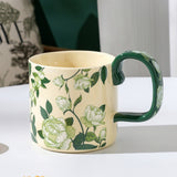 NNEDSZ 2X High-Fired Ceramic Porcelain Mug Set with Lid 400ml Vintage Floral Tea Spoon GREEN