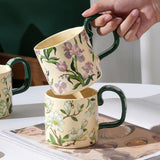 NNEDSZ 2X High-Fired Ceramic Porcelain Mug Set with Lid 400ml Vintage Floral Tea Spoon GREEN