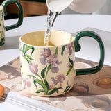 NNEDSZ 2X High-Fired Ceramic Porcelain Mug Set with Lid 400ml Vintage Floral Tea Spoon GREEN