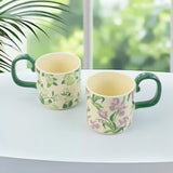 NNEDSZ 2X High-Fired Ceramic Porcelain Mug Set with Lid 400ml Vintage Floral Tea Spoon GREEN