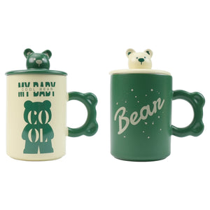 NNEDSZ 2X High-Fired Ceramic Porcelain Mug Set with Lid 400ml Bear w Tea Spoon GREEN