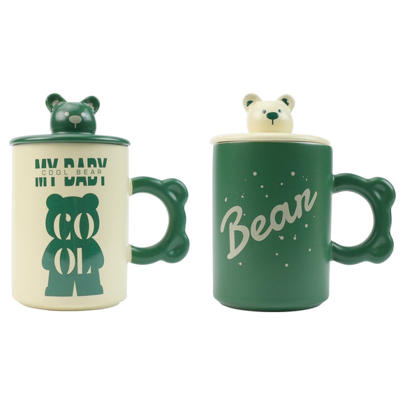 NNEDSZ 2X High-Fired Ceramic Porcelain Mug Set with Lid 400ml Bear w Tea Spoon GREEN