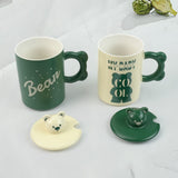 NNEDSZ 2X High-Fired Ceramic Porcelain Mug Set with Lid 400ml Bear w Tea Spoon GREEN