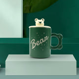NNEDSZ 2X High-Fired Ceramic Porcelain Mug Set with Lid 400ml Bear w Tea Spoon GREEN