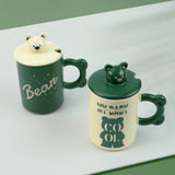 NNEDSZ 2X High-Fired Ceramic Porcelain Mug Set with Lid 400ml Bear w Tea Spoon GREEN