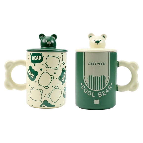 NNEDSZ 2X High-Fired Ceramic Porcelain Mug Set with Lid 400ml Bear w Tea Spoon GREEN