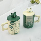 NNEDSZ 2X High-Fired Ceramic Porcelain Mug Set with Lid 400ml Bear w Tea Spoon GREEN