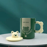 NNEDSZ 2X High-Fired Ceramic Porcelain Mug Set with Lid 400ml Bear w Tea Spoon GREEN