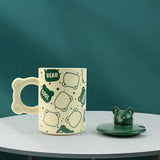 NNEDSZ 2X High-Fired Ceramic Porcelain Mug Set with Lid 400ml Bear w Tea Spoon GREEN
